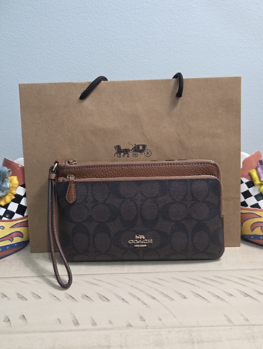 Coach Double Zip Wallet Wristlet Signature Canvas, Brown, Like New + Bag